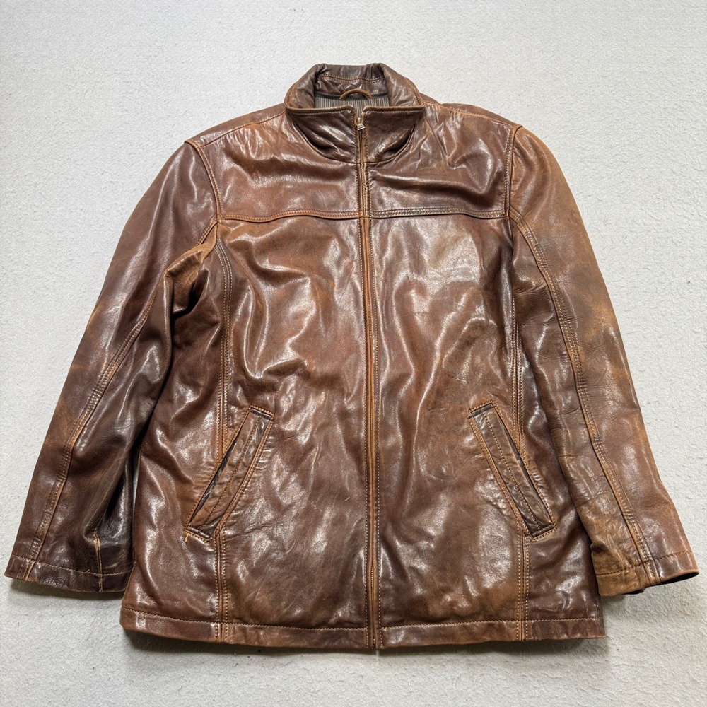 Danier Leather Jacket Mens Large Brown Pinstripe Lining Rugged Patina Motorcycle